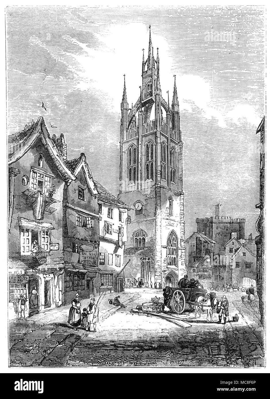 Gesehen von St Nicholas Street, die Kathedrale Kirche des Hl. Nikolaus ist in Newcastle upon Tyne, England. 1091 während der gleichen Periode wie die nahe gelegene Burg gegründet, die normannische Kirche wurde im Jahr 1216 durch einen Brand zerstört und das heutige Gebäude wurde 1350 abgeschlossen, so ist meist der Senkrecht Stil des 14. Jahrhunderts. Der Turm ist für das 15. Jahrhundert Laterne Spire festgestellt. Stark im Jahr 1777 wiederhergestellt, wurde der Bau der Kathedrale Status im Jahr 1882, als es als Kathedrale Kirche des Hl. Nikolaus bekannt. Stockfoto