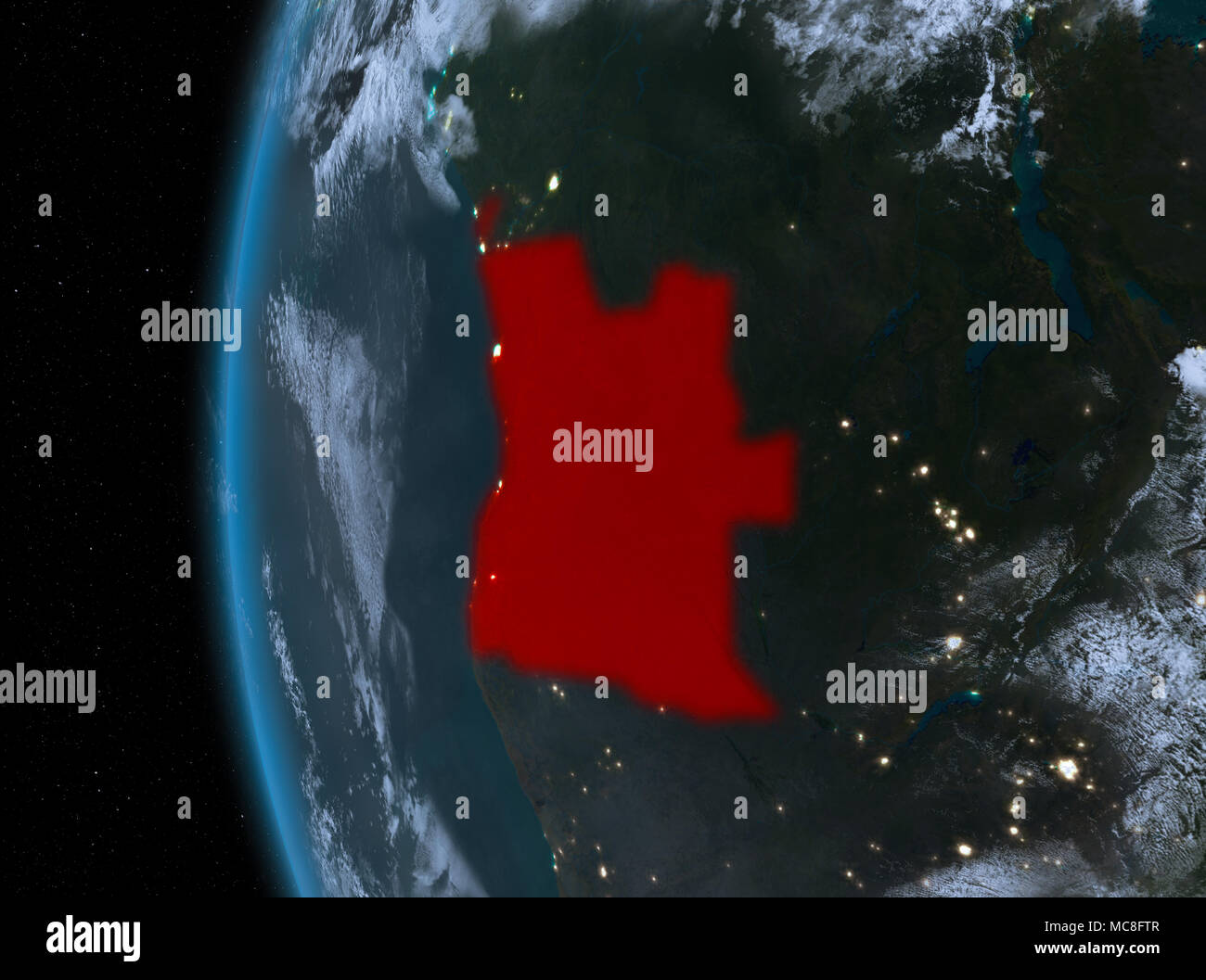 Nacht Karte von Angola als aus dem Weltraum auf der Erde gesehen. 3D-Darstellung. Elemente dieses Bild von der NASA eingerichtet. Stockfoto
