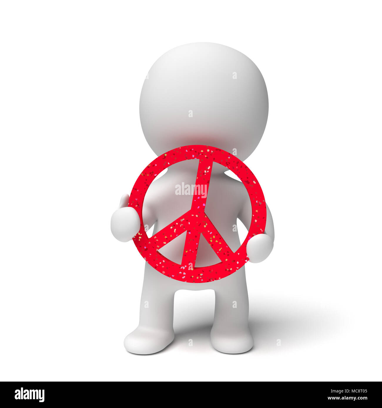 Menschliche weiß 3d person hält ein rotes Friedenszeichen mit bunten Glitter (3D-Abbildung auf einem weißen Hintergrund isoliert) Stockfoto