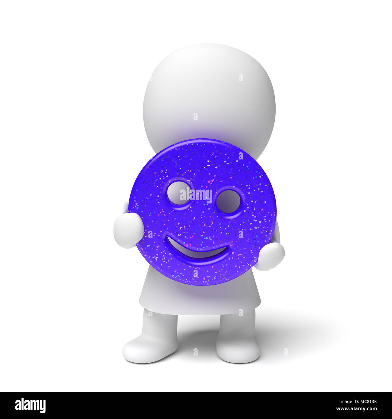 Menschliche weiß 3d person trägt ein Kleid mit einem glücklich lächelnd blue Smiley mit bunten Glitter (3D-Abbildung auf einem weißen backgrou isoliert Stockfoto