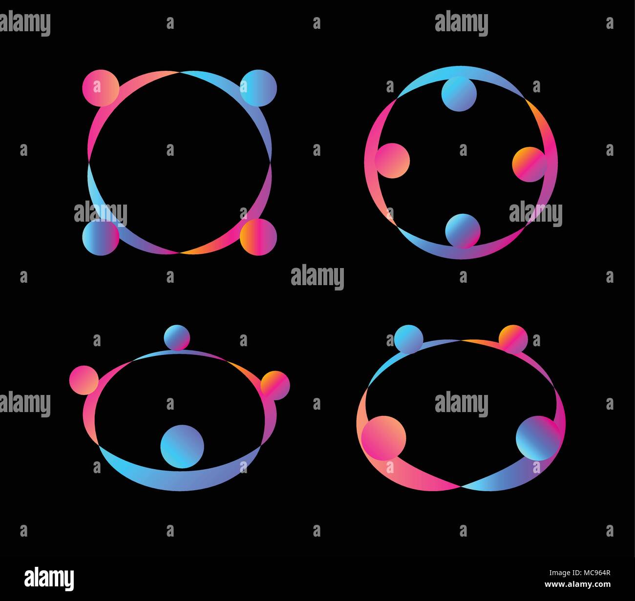 Abstrakte Menschen halten sich an den Händen stehen in einem Kreis verwendet Symbole. Beratung logo Konzept. Freundschaft, Kollektive, global business Union. Kind, Schule, Kindergarten isoliert Vektor icon Sammlung. Stock Vektor