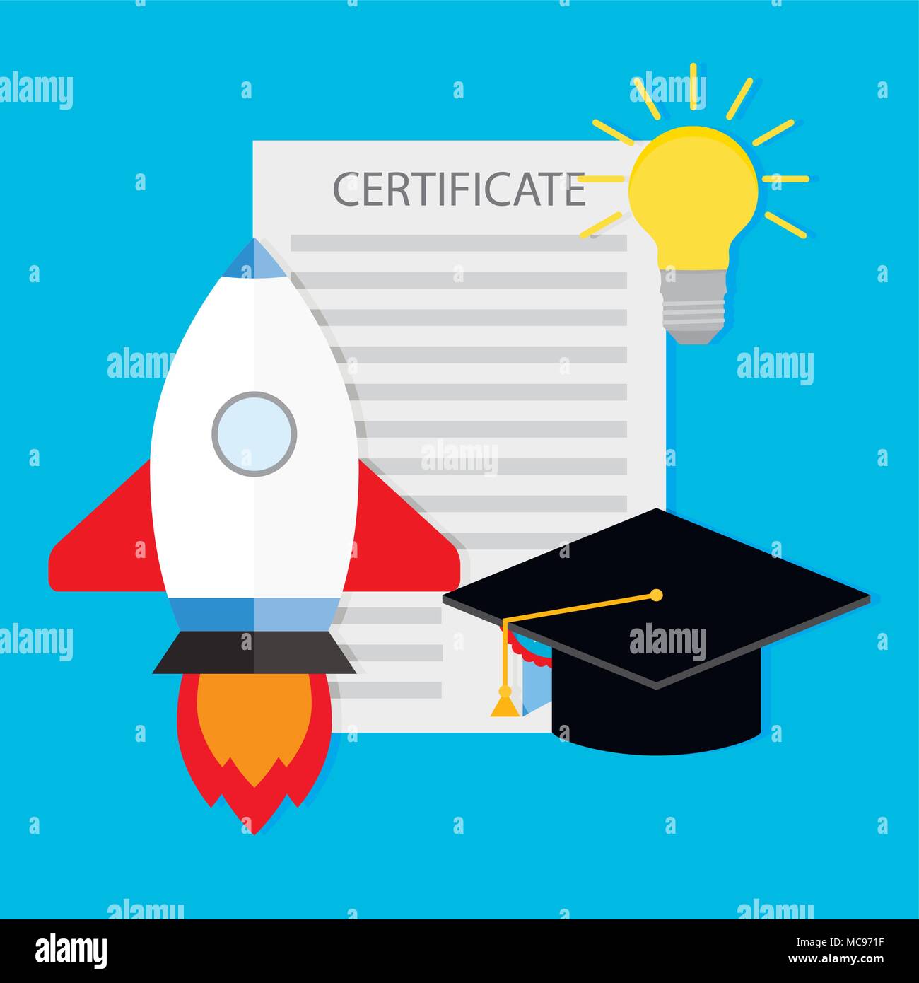 Start Universität Lernen und Entwicklung. Start Entwicklung, Bildung, Hochschule, Wissenschaft und Innovation, Schule Studie starten. Vektor Lllustrat Stock Vektor