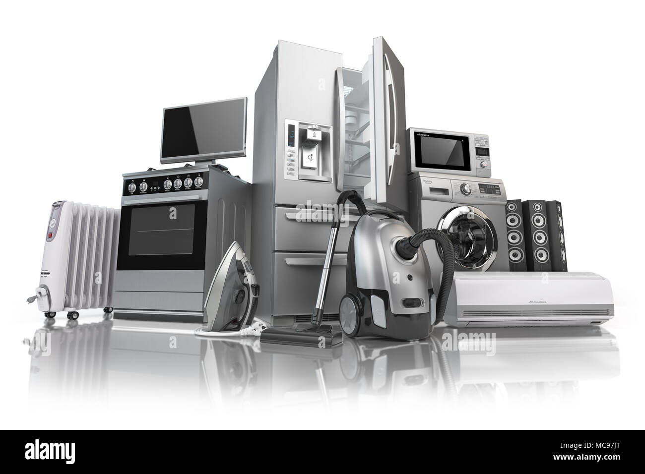 Home Appliances. Der Haushalt Küche Technik auf weißem Hintergrund. E-Commerce Online Internet Shop der Geräte. 3D-Darstellung Stockfoto