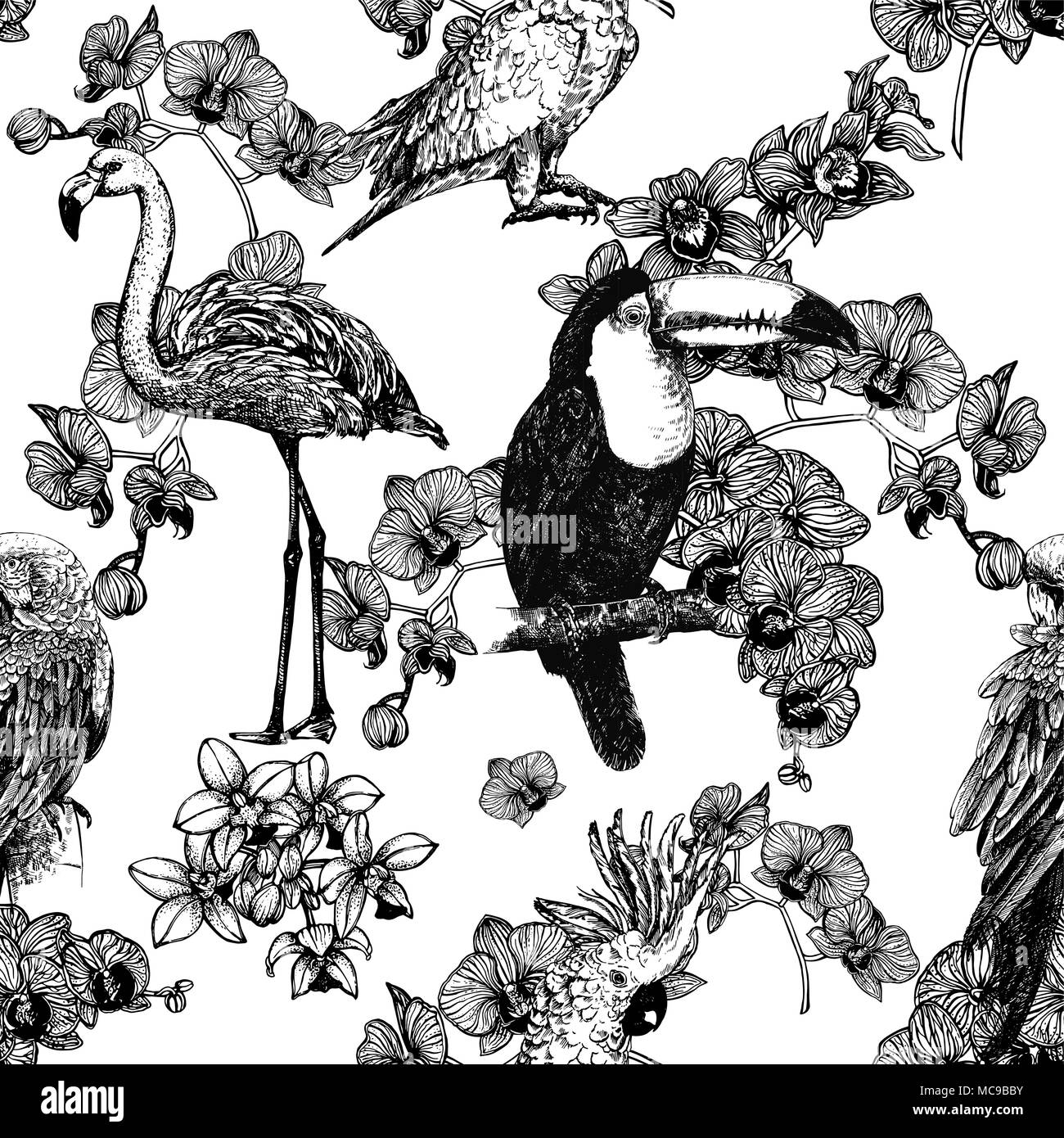 Nahtlose Muster von Hand gezeichnete Skizze Stil, exotische Blumen und Vögel auf weißem Hintergrund. Vector Illustration. Stock Vektor