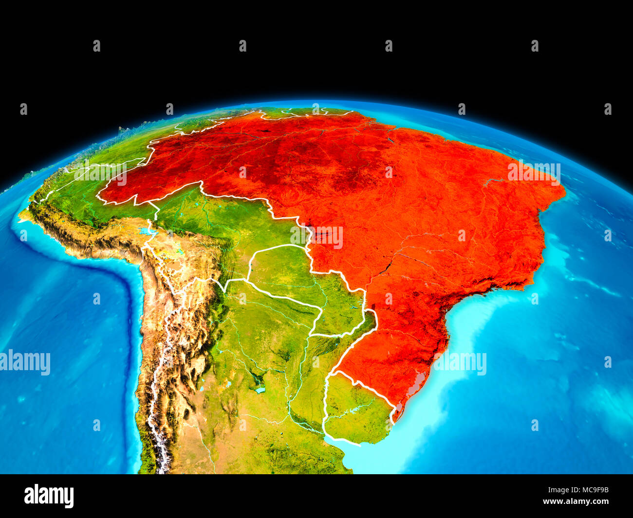 Satellitenansicht von Brasilien in Rot hervorgehoben auf dem Planeten Erde mit Grenzen. 3D-Darstellung. Elemente dieses Bild von der NASA eingerichtet. Stockfoto