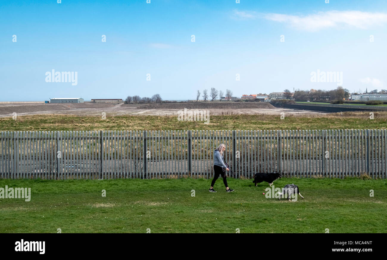 Cockenzie, UK. 14. April 2018. Dog Walker am Standort der ehemaligen Cockenzie power station in East Lothian, Schottland. Eine Zeile hat begonnen mit Bedenken über die Schottische staatsanteile Entscheidung zu Òcall inÓ eine Planung Anwendung von Red Rock Power auf erneuerbare Energieträger sub-Station auf dem Aufstellungsort zu errichten. Red Rock Power, Teil von Chinas größten staatlichen Investitionsfonds, der staatlichen Entwicklung und Investment Corporation (SDIC), will die die Sub-Station, um Energie aus dem Zoll Kap Offshore-Windpark Feed, in der Nähe von Angus, in das nationale Stromnetz. Credit: Iain Masterton/Alamy leben Nachrichten Stockfoto