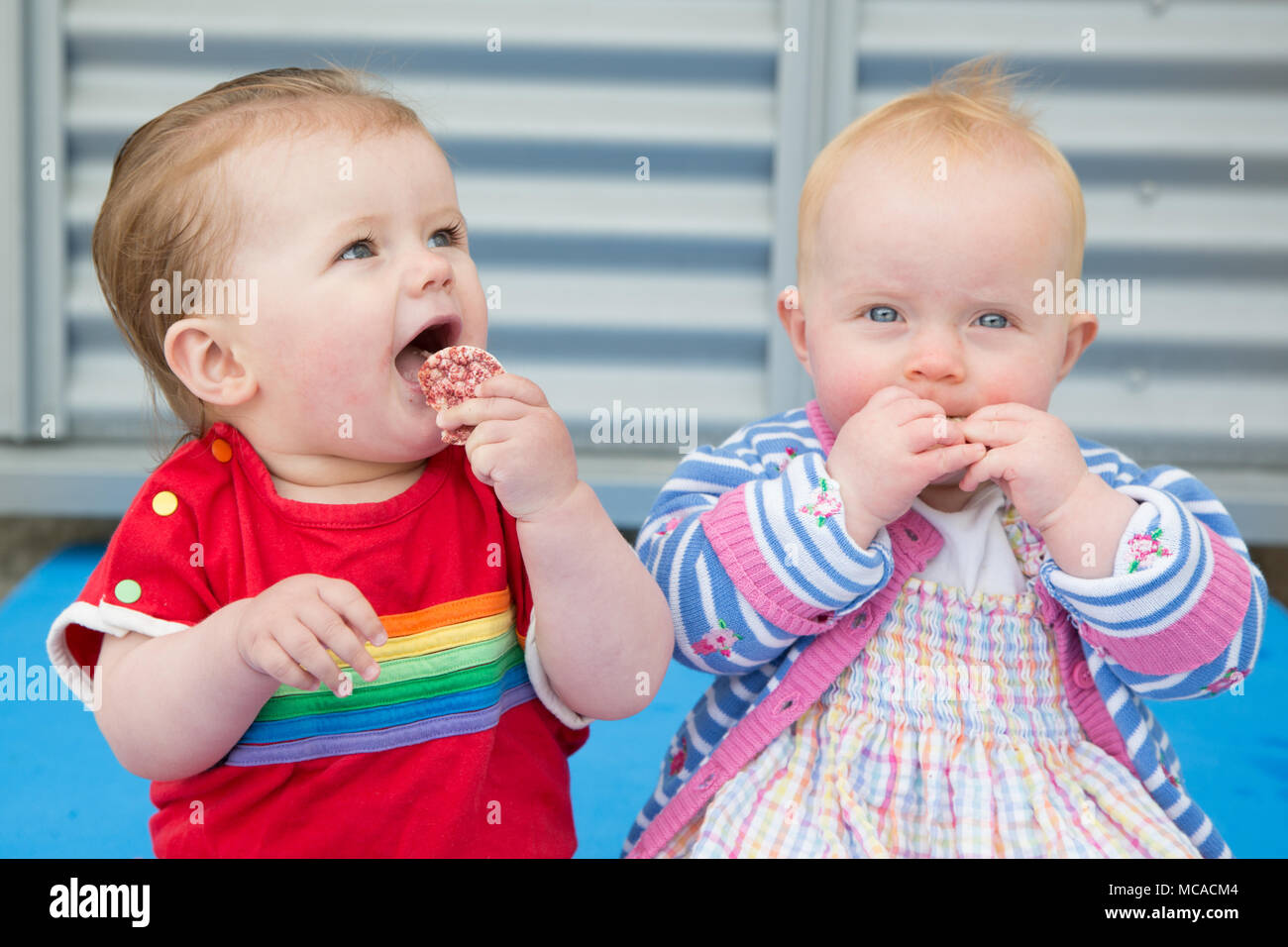 Zwillinge, 10 Monate alt Stockfoto