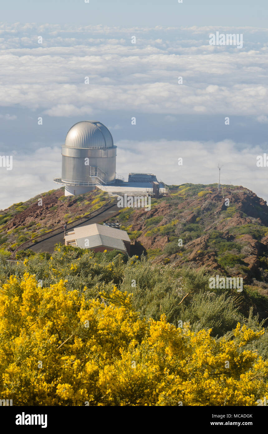 Nordic Optical Telescope, Roque de Los Muchachos Observatorium auf La Palma, Kanarische Inseln, im Frühjahr mit blauem Himmel. Stockfoto