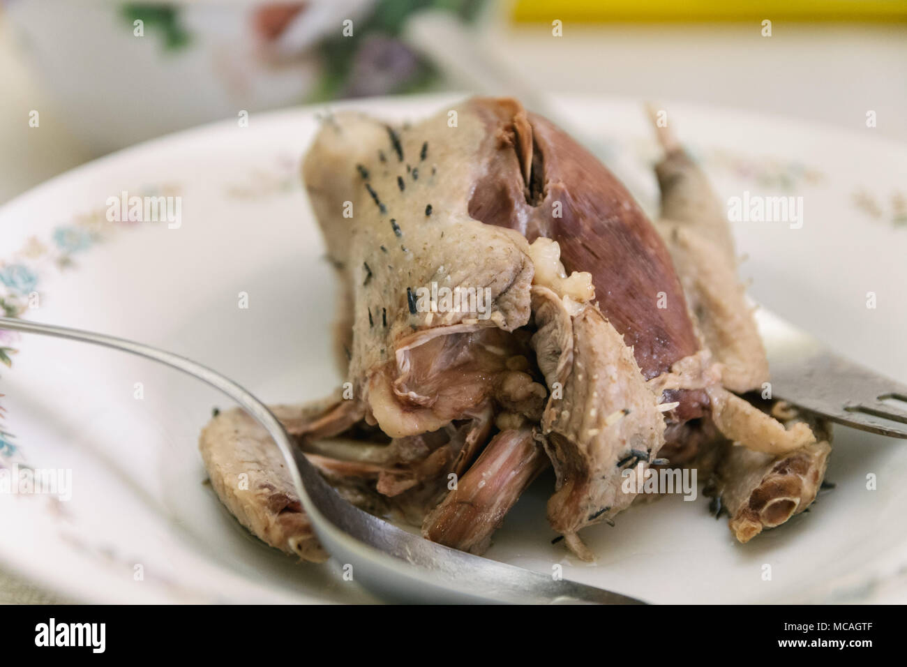 Gebratene Taube auf einem Teller bereit für Dining. Nahaufnahme. Stockfoto