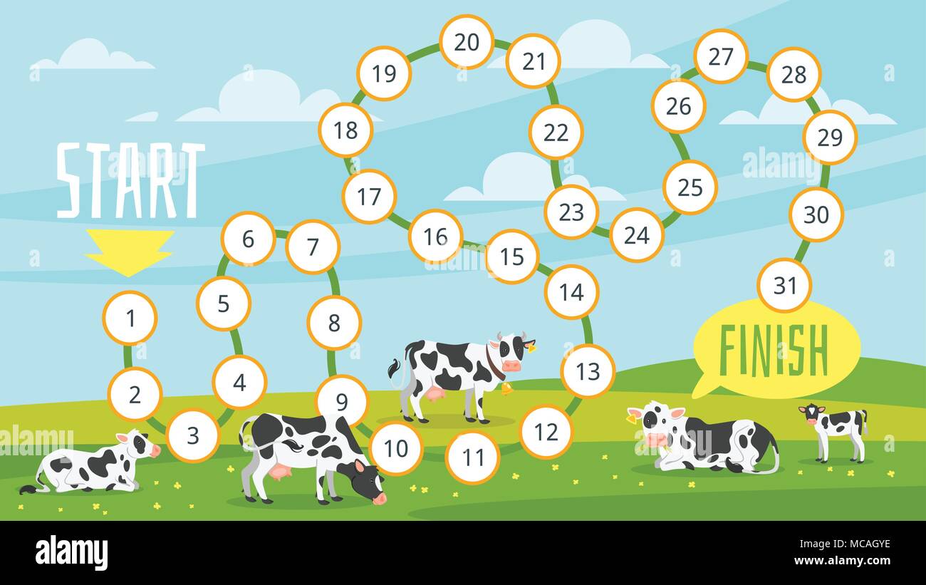 Vektor Cartoon Stil Abbildung: Kids farm Board Game Template mit Kühe grasen in einem Feld. Gute sonnigen Tag. Natur Hintergrund. Für drucken. Stock Vektor