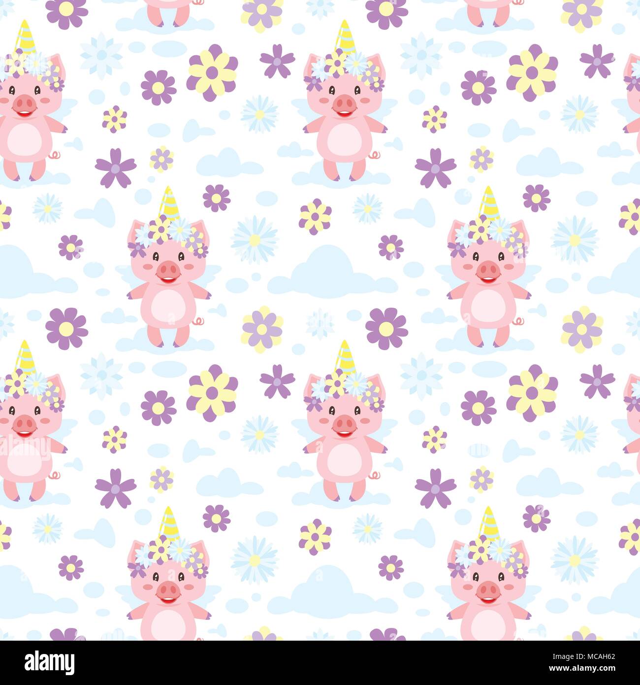 Vektor Cartoon Stil nahtlose Muster mit niedlichen Schweine mit Unicorn Horn und floralen Kranz. Weißer Hintergrund mit Wolken und Blumen. Stock Vektor