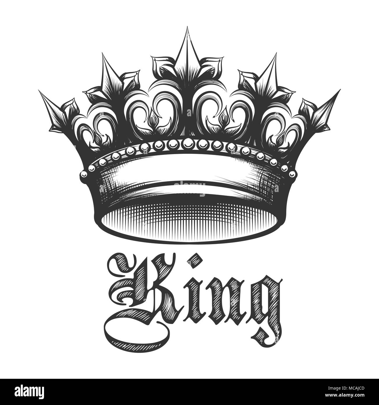 Schwarze und weiße König Krone in Gravur Stil gezeichnet. Vector Illustration. Stock Vektor