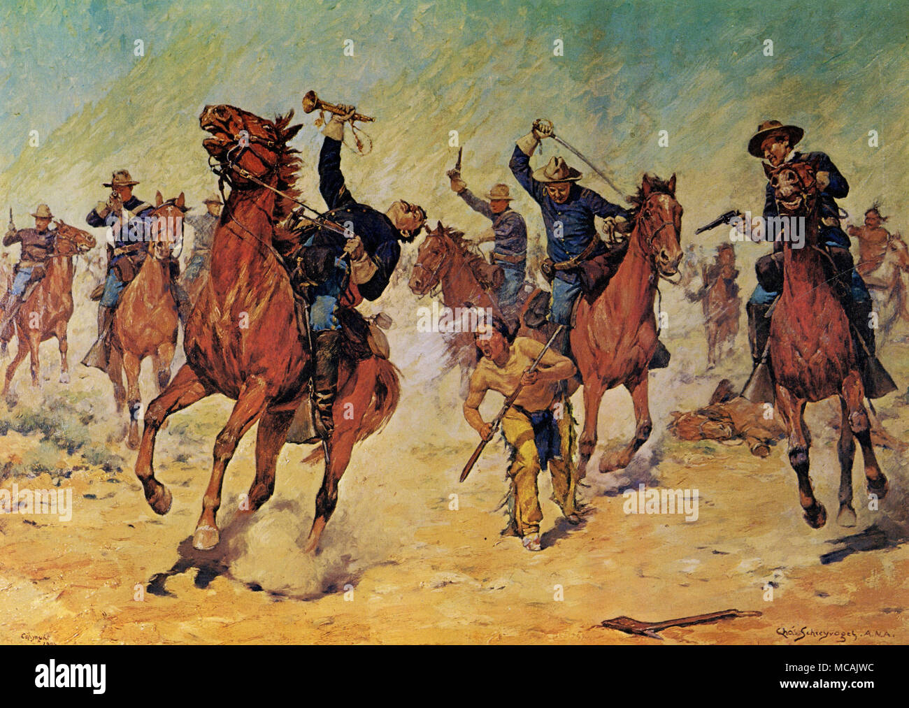 Bluecoat Trompeter Schuß auf seine Pferde von Indianern, die die Einheit angegriffen umgeben und.. Charles Schreyvogel (4. Januar 1861 - 27. Januar 1912) war ein Maler der westlichen Gegenstand in den Tagen des verschwindenden Grenze. Schreyvogel war vor allem in militärischen Leben interessiert. Stockfoto