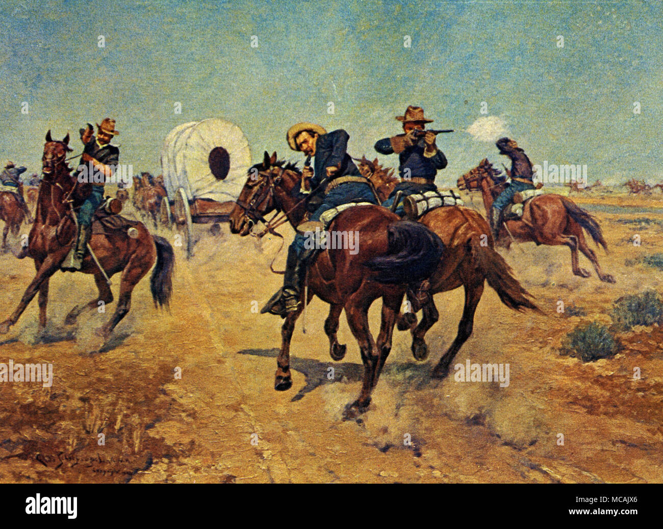 Ein Racing Conestoga Wagon entweicht ein Angriff von Indianern; Bluecoats feuern als Nachhut. Charles Schreyvogel (4. Januar 1861 - 27. Januar 1912) war ein Maler der westlichen Gegenstand in den Tagen des verschwindenden Grenze. Schreyvogel war vor allem in militärischen Leben interessiert. Stockfoto