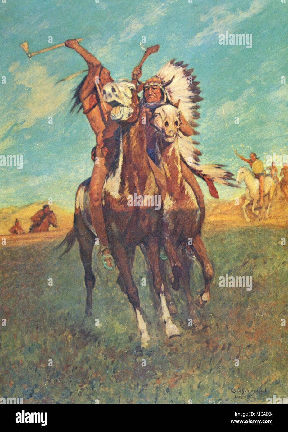 Zwei Inder im Kampf miteinander. Charles Schreyvogel (4. Januar 1861 - 27. Januar 1912) war ein Maler der westlichen Gegenstand in den Tagen des verschwindenden Grenze. Schreyvogel war vor allem in militärischen Leben interessiert. Stockfoto