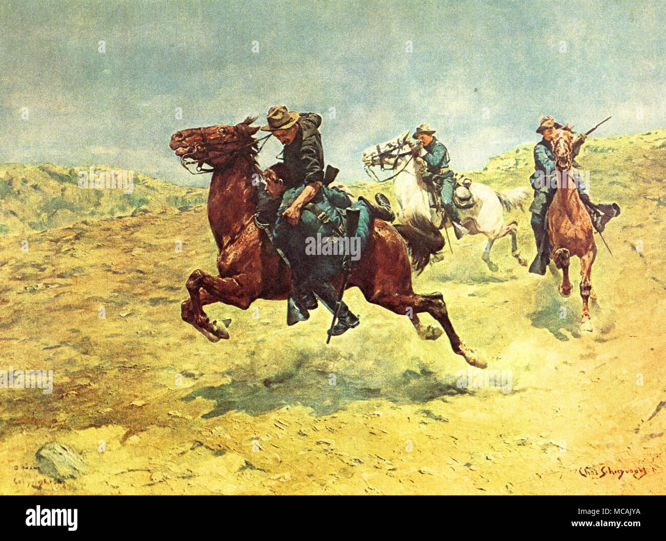 Bluecoats auf Pferden während einer Schlacht als ein kavallerist rettet einen anderen von ihm Hochziehen auf seinem Pferd. Charles Schreyvogel (4. Januar 1861 - 27. Januar 1912) war ein Maler der westlichen Gegenstand in den Tagen des verschwindenden Grenze. Schreyvogel war vor allem in militärischen Leben interessiert. Stockfoto