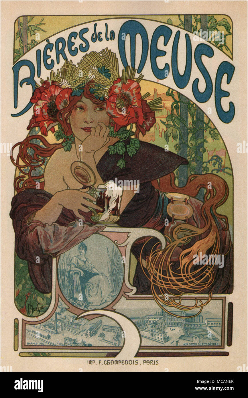 Vintage französische Likör Werbung Jugendstil Poster für Bier in Frankreich, die von Alphonse Mucha, 1890 durchgeführt wurde. Es verfügt über eine wunderschöne französische Mädchen mit einigen entsprechenden Bier Zutaten, einschließlich Gerste Halme und grünen Hopfen, und große Feld Mohn Blumen Indigene im Nordosten Frankreich gürtete ihre langen wirbelnden Strähnen. Sie schaut den Betrachter mit einem fast hypnotischen und verführerischen Blick zwischen der Welt des Betrachters verfangen und die Welt der Malerei. Das Mädchen stellt eine Ausstrahlung und delightfulness zusammen mit dem Hinweis auf eine verborgene Nachricht, drückt eine besondere und freudige i Stockfoto