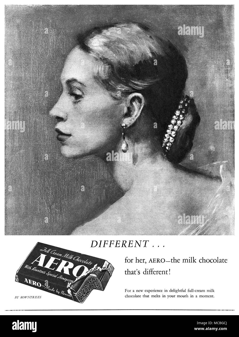 1951 britischen Werbung für Aero Rowntrees Chocolate Bar. Stockfoto
