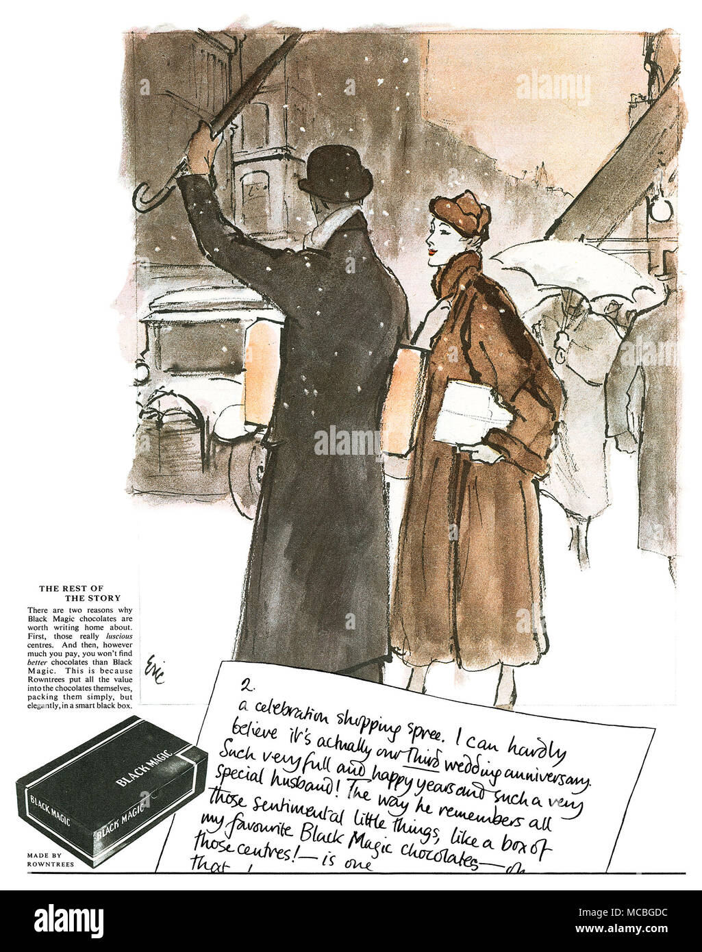 1954 britischen Werbung für Rowntrees, Schwarze Magie Pralinen. Stockfoto