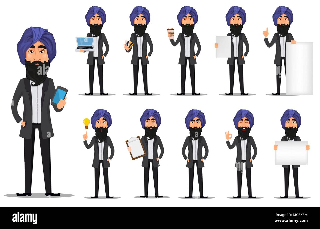 Indische Geschäftsmann Cartoon Character Set. Junge gut aussehender Geschäftsmann in Anzug und Turban-Vektor Stock Vektor
