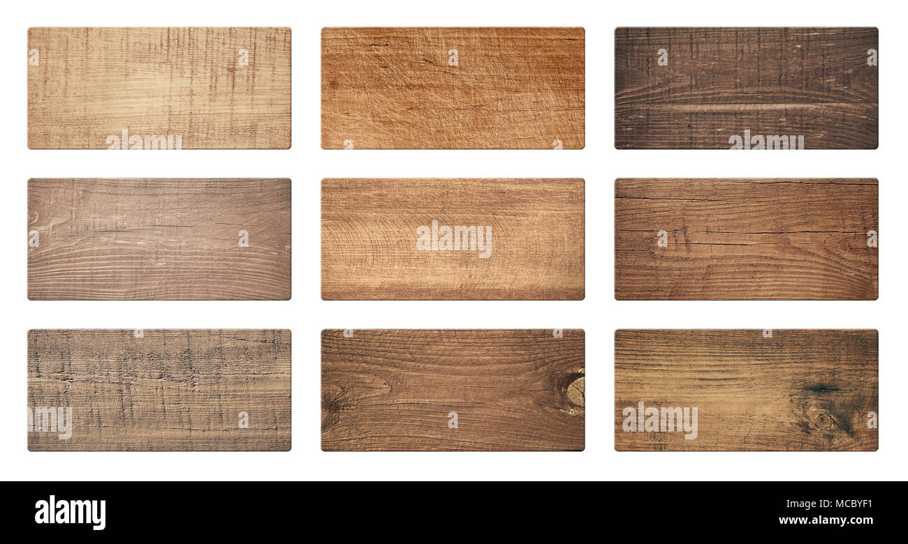 Braune hölzerne Schneidbretter, Schild, Planken sind auf weißem Hintergrund Stockfoto