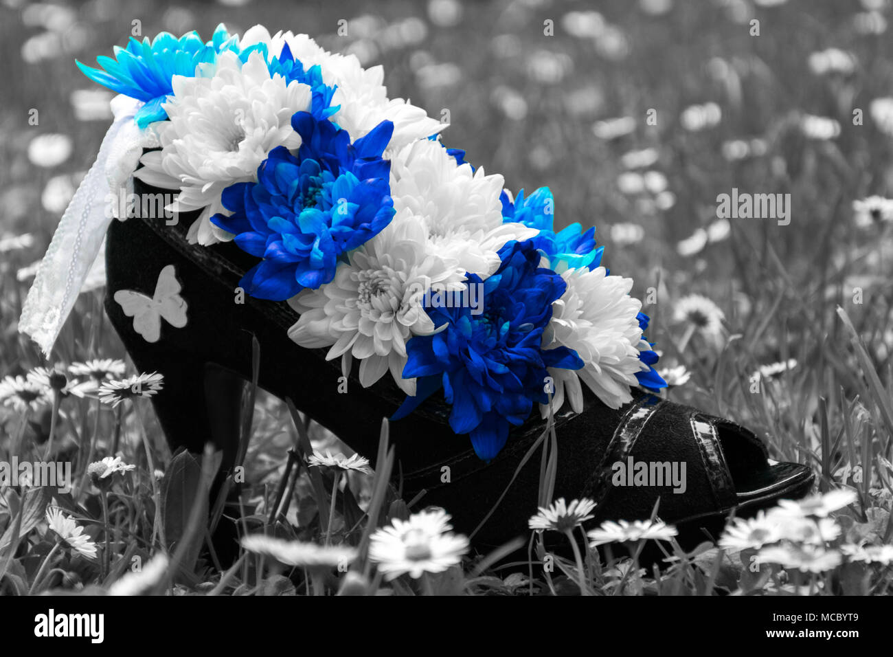 Blumenarrangement im Schuh der Frauen. Schwarzen und weißen Hintergrund Stockfoto