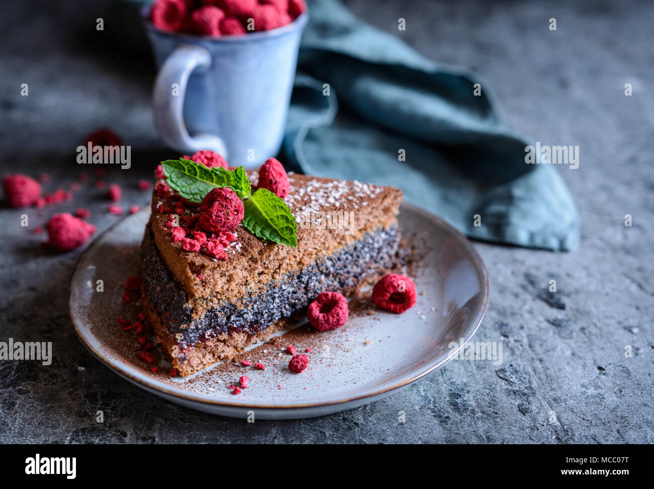 Eine Scheibe von Kakao Kuchen mit Mohn und Kokos Füllung, mit freeze dekoriert - getrocknete Himbeeren Stockfoto