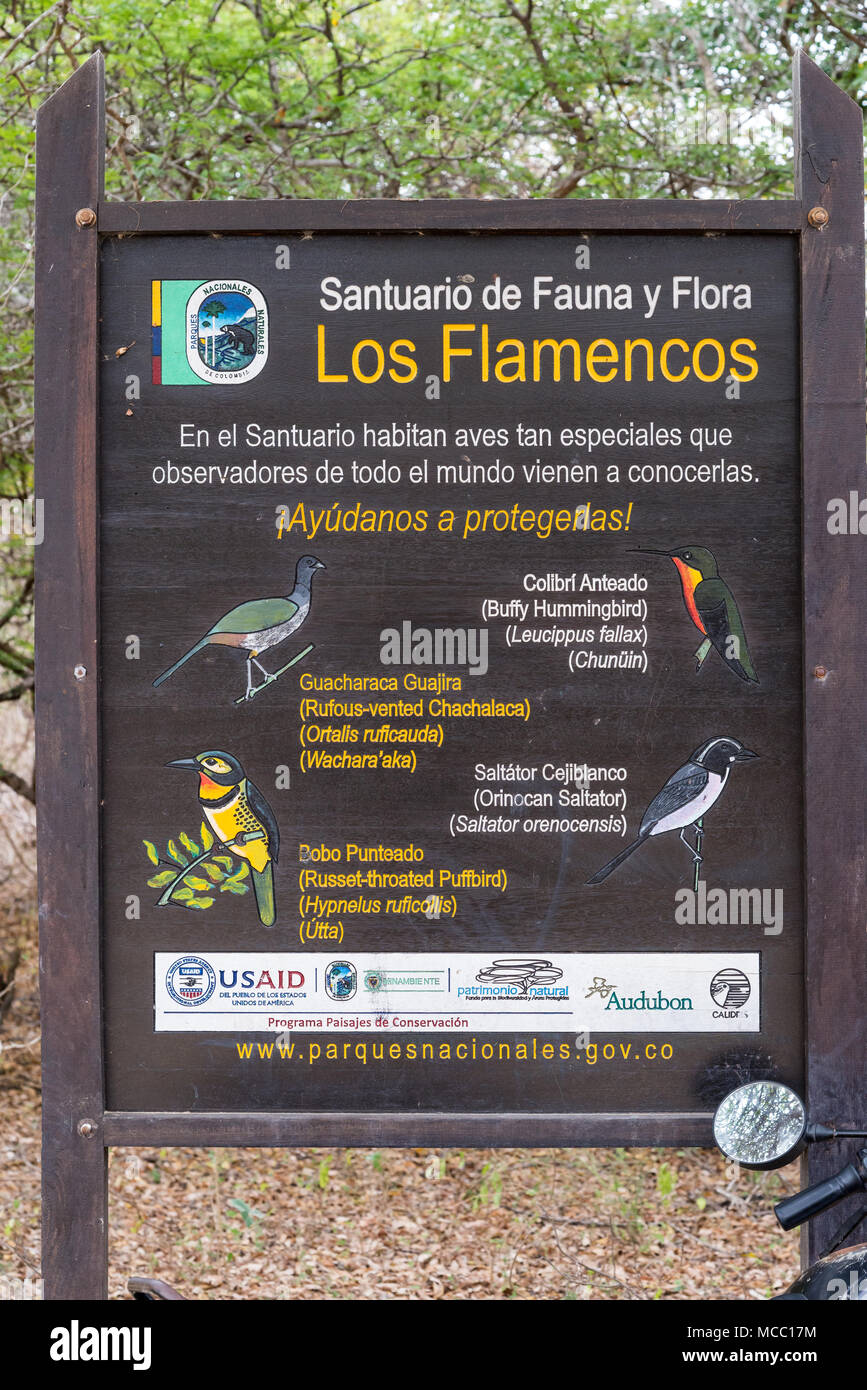 Information Board auf der Los Flamencos Nature Reserve. Kolumbien, Südamerika. Stockfoto