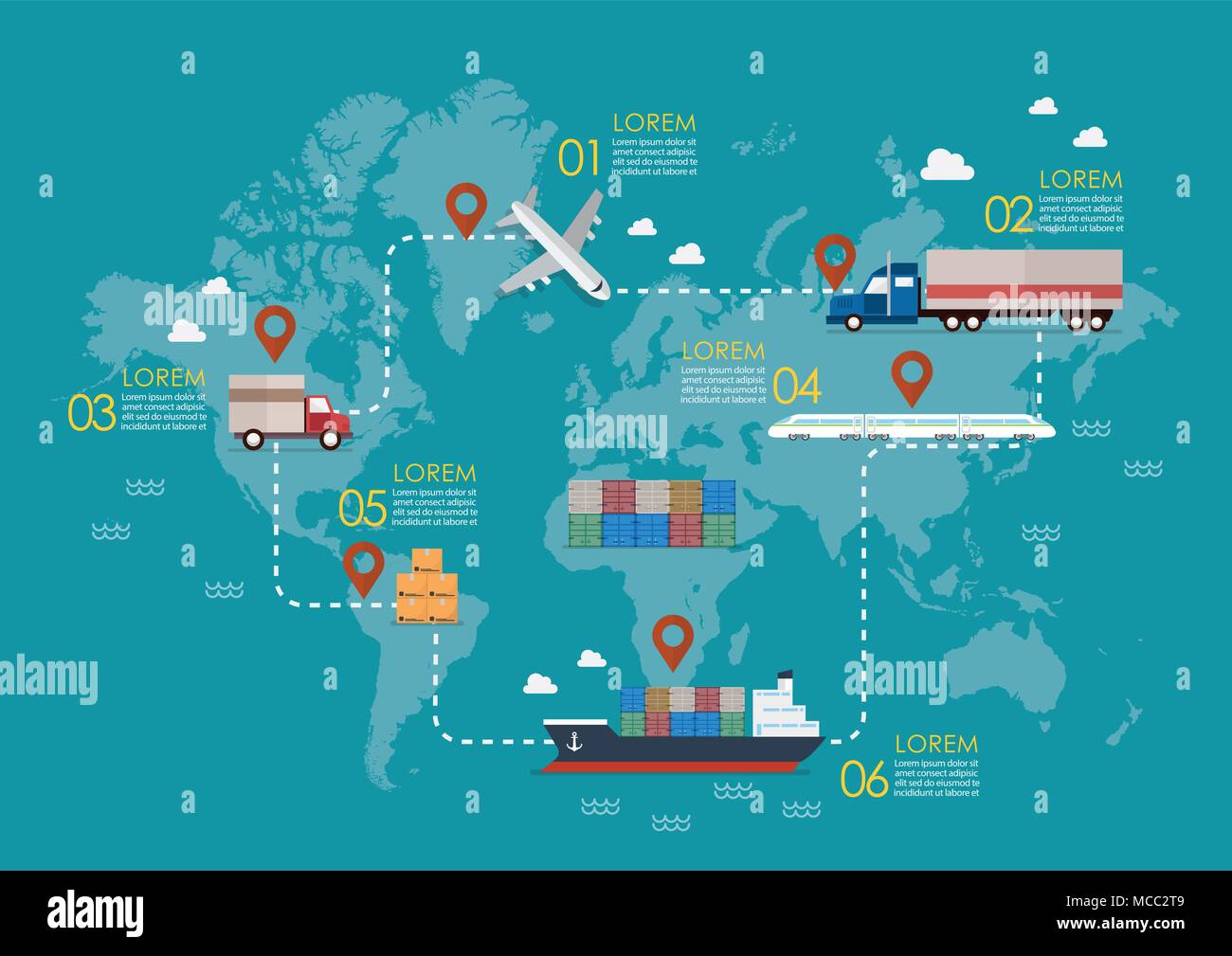 Global Logistics Network. Satz von Cargo truck Jet für die Schifffahrt und den Transport. Vector Illustration Stock Vektor