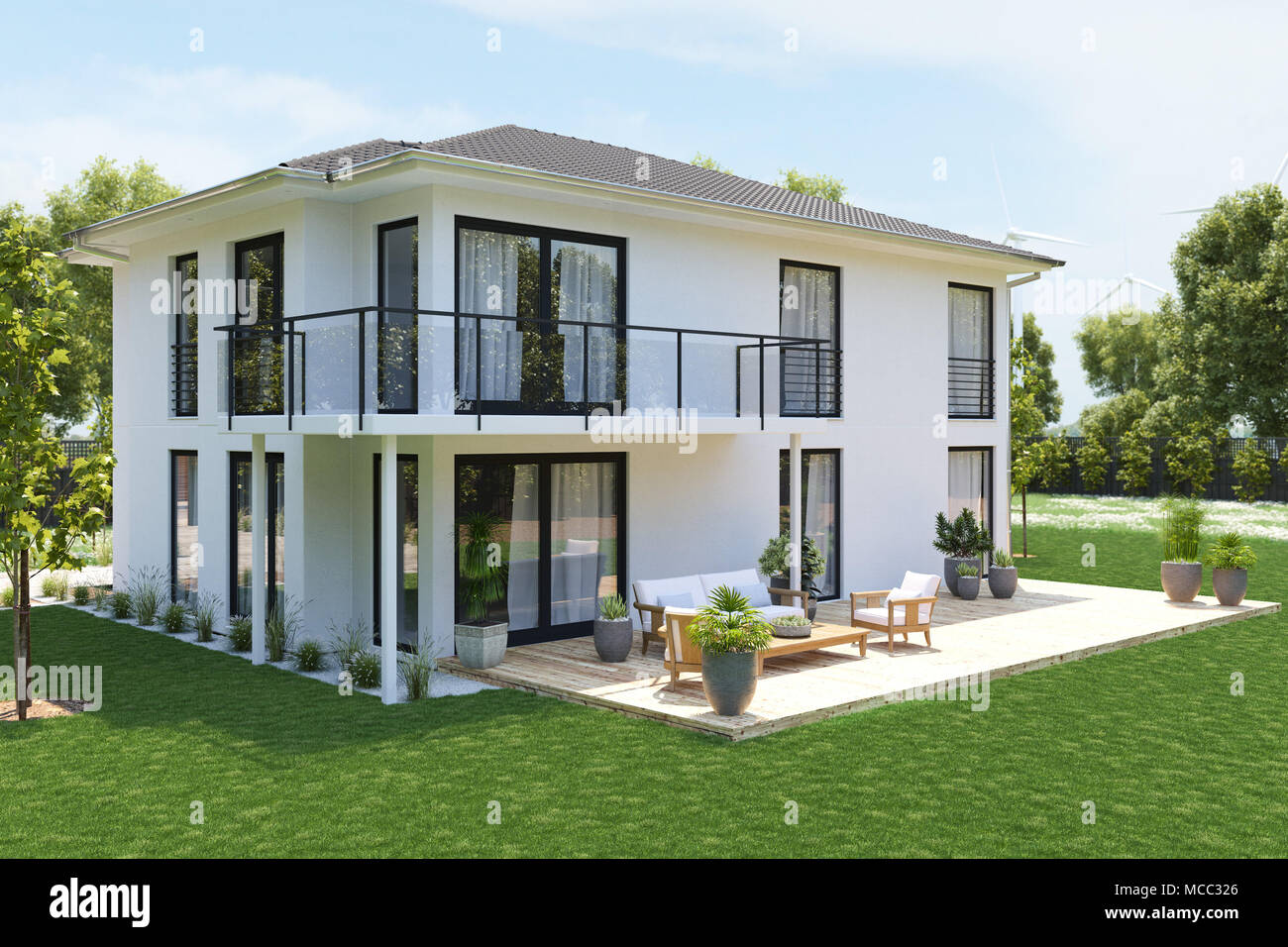 Modernes neues Haus mit großem Grundstück. 3D-Rendering Stockfoto