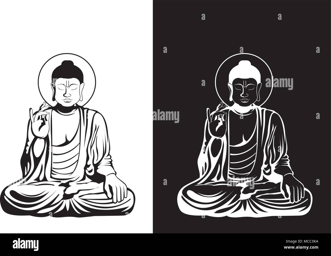 Buddha Vector Illustration. Buddha und Gott des Glücks isoliert auf Schwarz und Weiß, sitzender Buddha Schwarz-weiss Zeichnung, Bild des Buddha. Stock Vektor