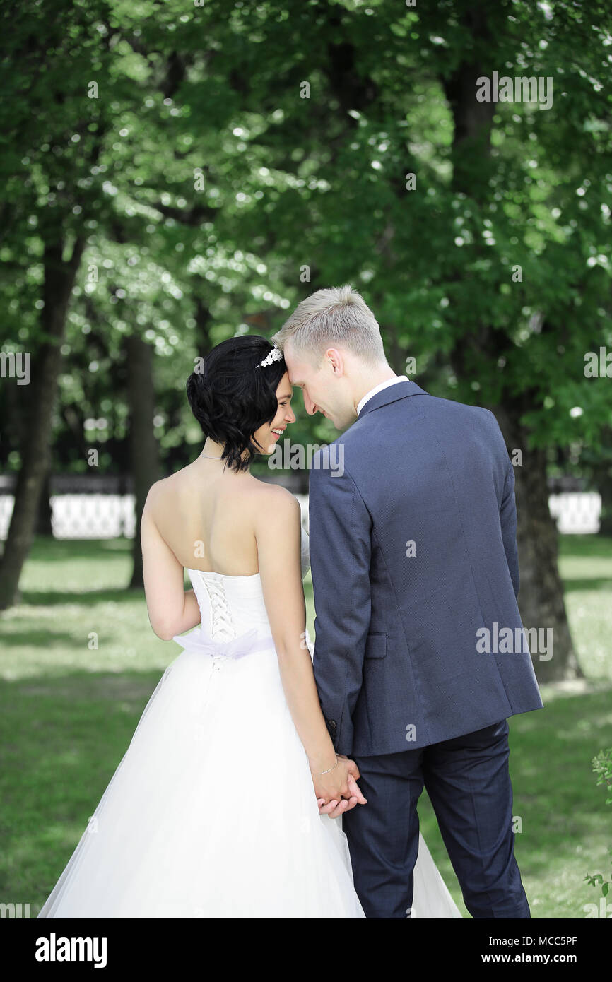 Braut und Bräutigam auf einem Spaziergang im Park Stockfoto