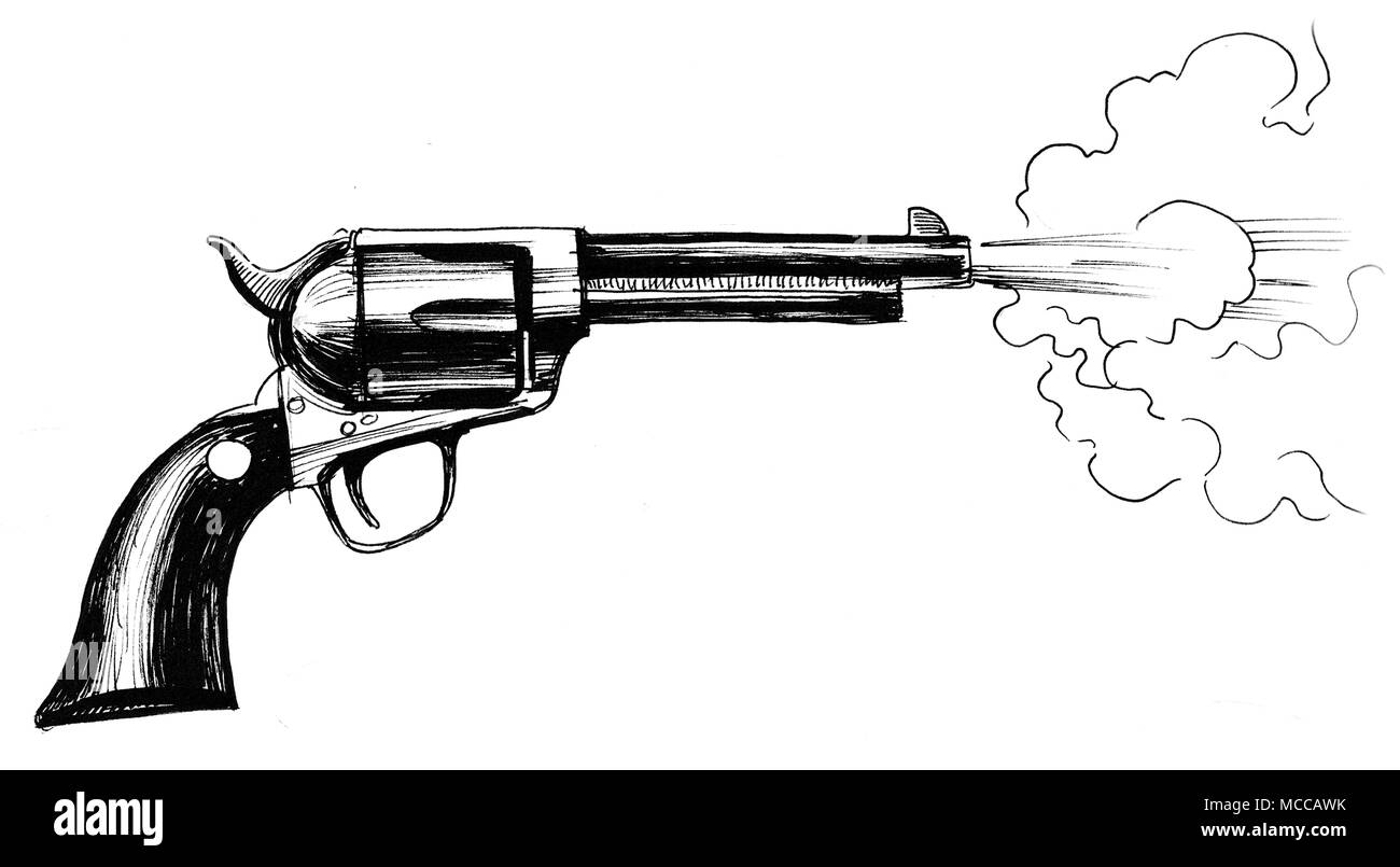 Shooting Revolver Pistole. Tinte schwarz-weiss Zeichnung Stockfoto
