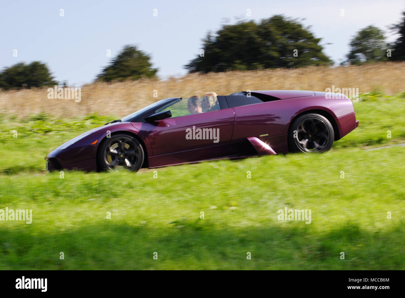 Niedrigen winkel Profil (Seitenansicht) einer purpurroten Lamborghini Murcielago Roadster (open top oder Cabrio) schnelles Fahren. Stockfoto