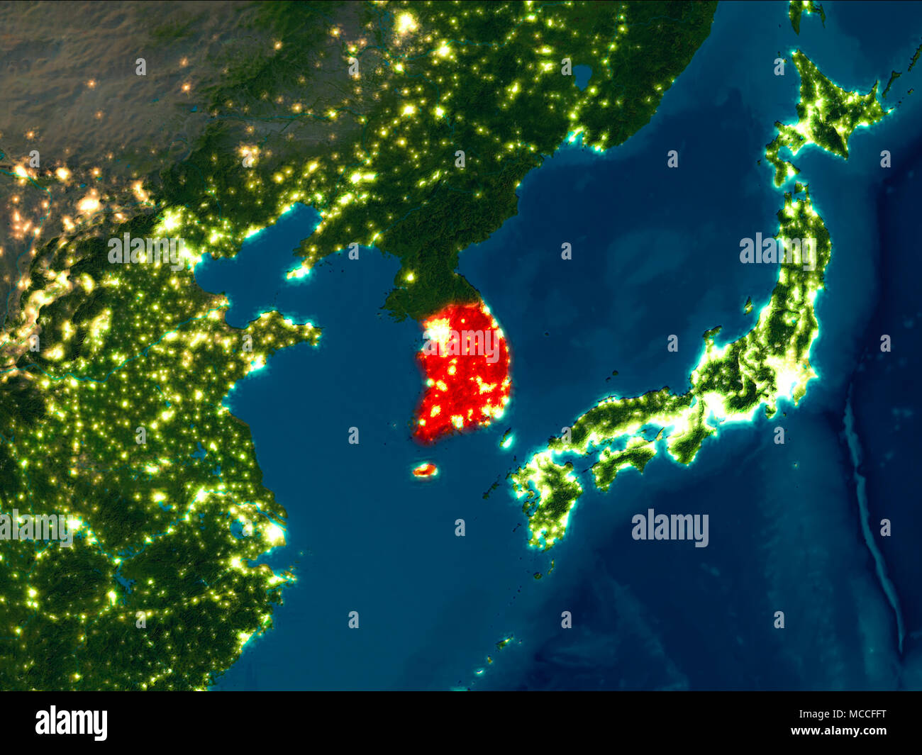 Sat-Nacht Blick von Südkorea in Rot hervorgehoben auf dem Planeten Erde. 3D-Darstellung. Elemente dieses Bild von der NASA eingerichtet. Stockfoto