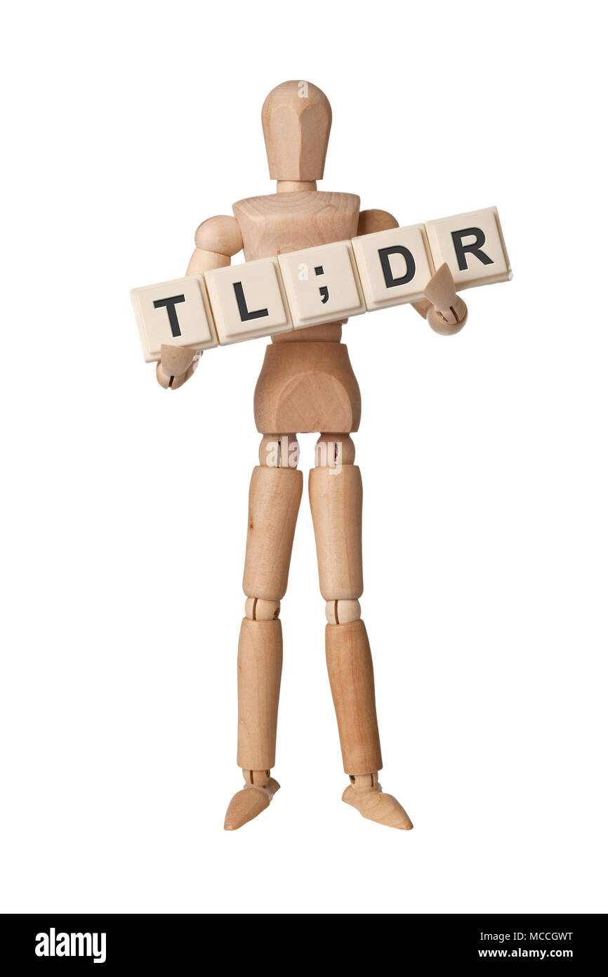 Holz- Figur mit den Buchstaben tl;dr auf weißem Hintergrund Stockfoto
