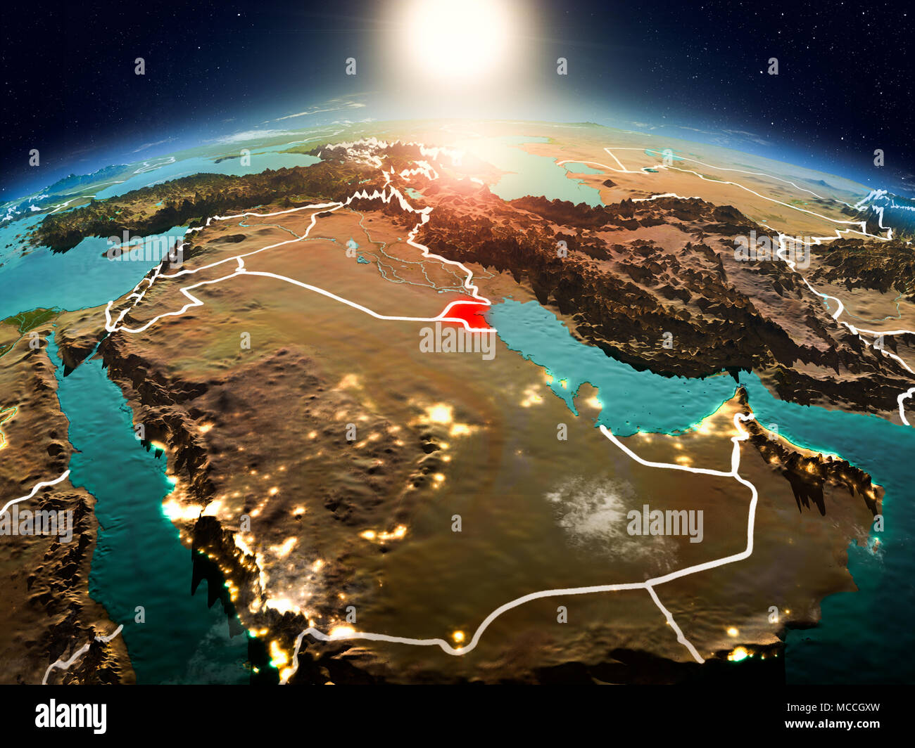 Sonnenaufgang über Kuwait in Rot hervorgehoben auf dem Modell des Planeten Erde im Weltraum mit sichtbaren Grenzen. 3D-Darstellung. Elemente dieses Bild furnis Stockfoto