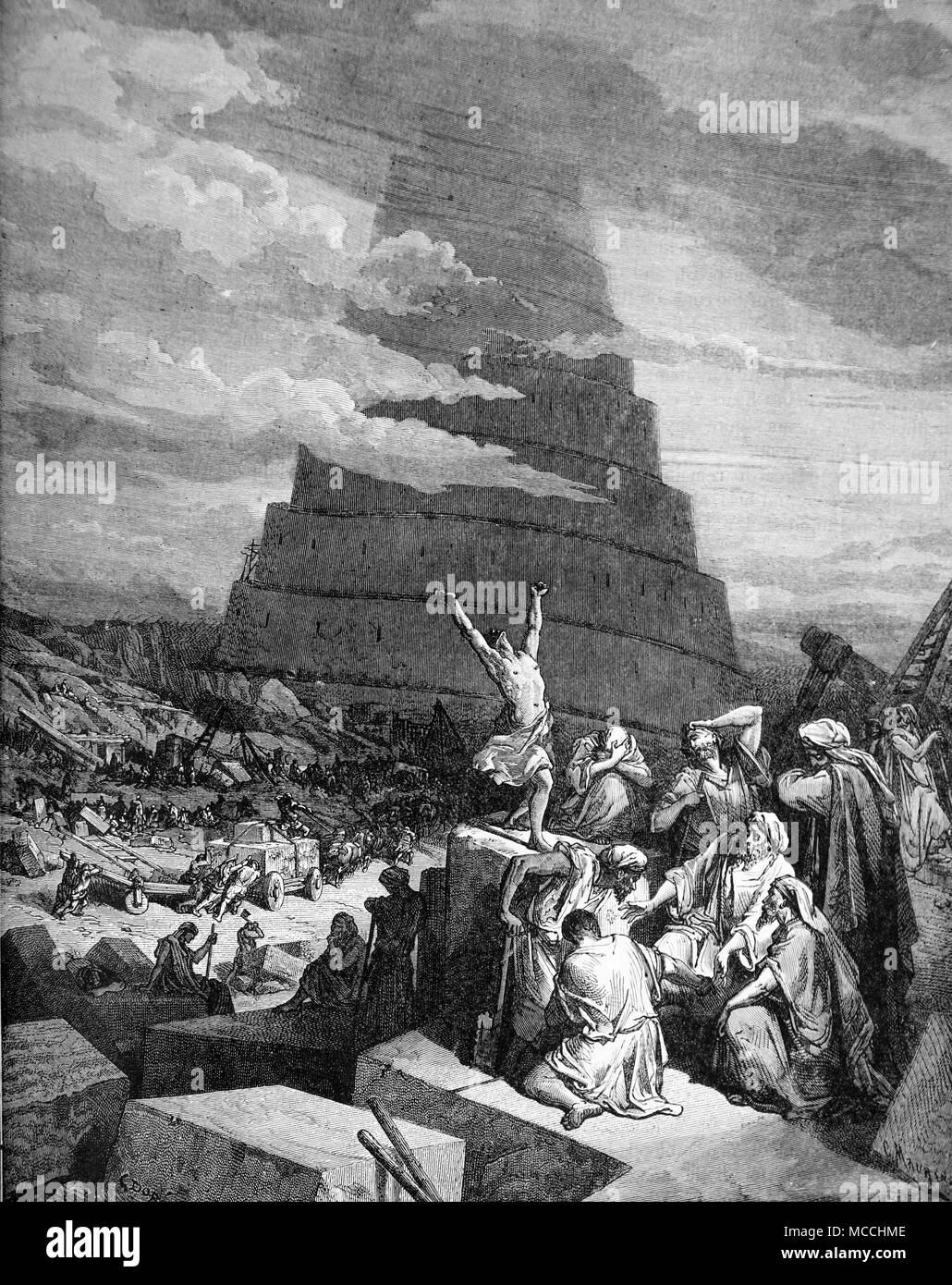 Die Verwirrung der Sprachen. Bibel Illustrationen von Gustave Doré. Stockfoto