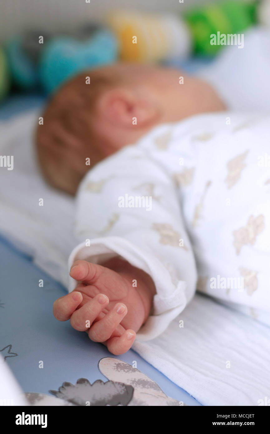 Hände von Neugeborene schlafen Baby auf Wundauflage Stockfoto
