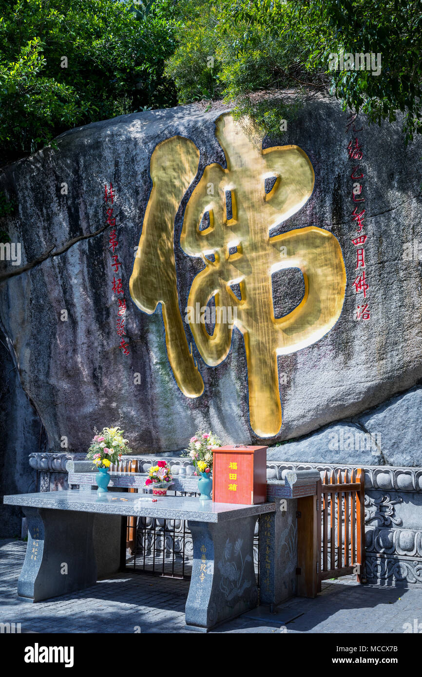 Ein alter vor der Steinbildhauerei und gravierte golden Chinesische Zeichen Nanputuo Tempel (Süd Putuo), Xiamen, China Stockfoto