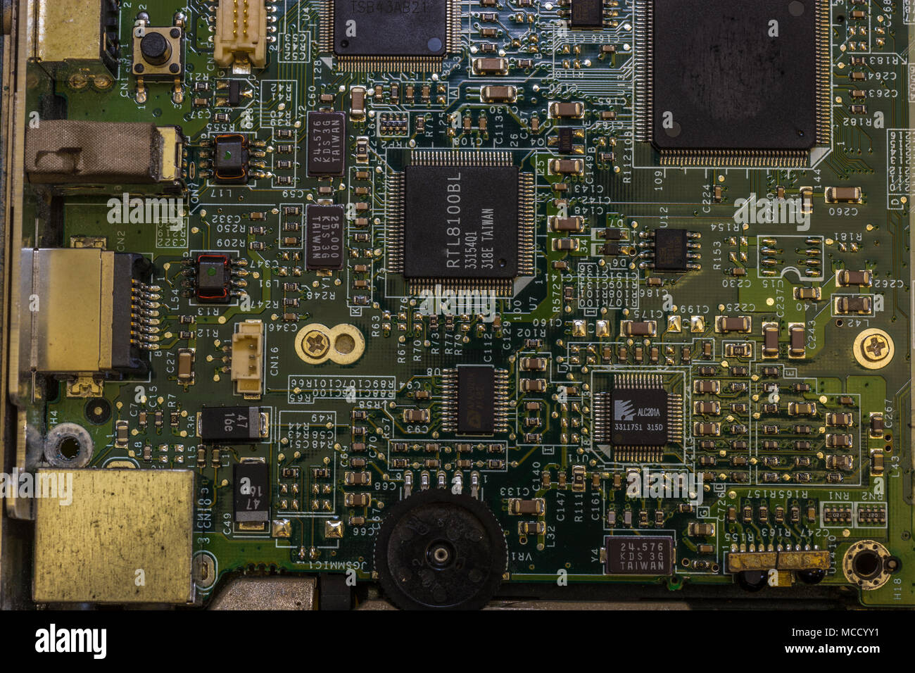 Nahaufnahme der Computer motherboard zeigt Details der einzelnen Komponenten Stockfoto