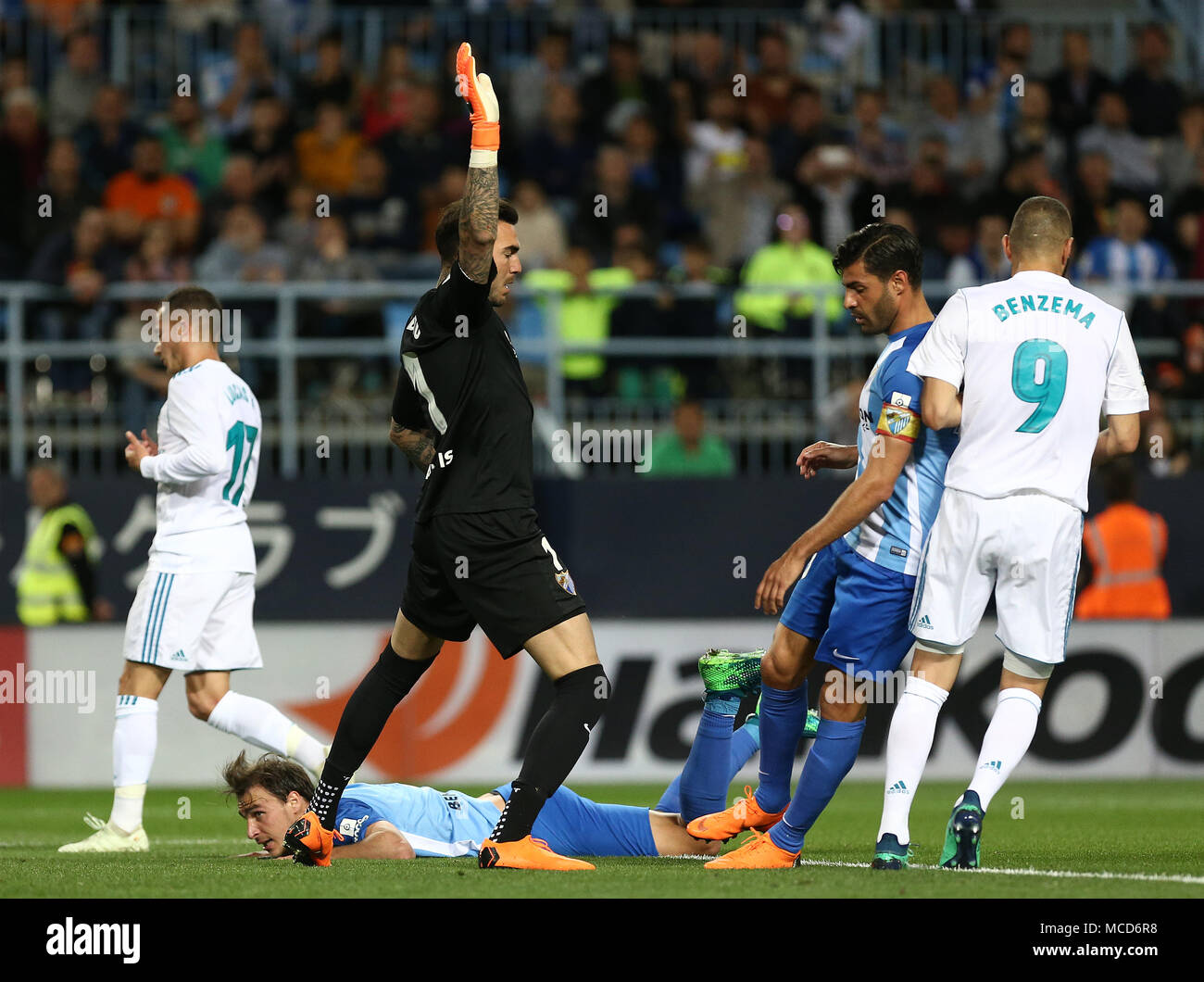 Roberto (Málaga) reagiert während des La Liga Match zwischen Malaga CF und Real Madrid CF im Estadio La Rosaleda. (Final Score: Malaga 1 - 2 Real Madrid) Stockfoto