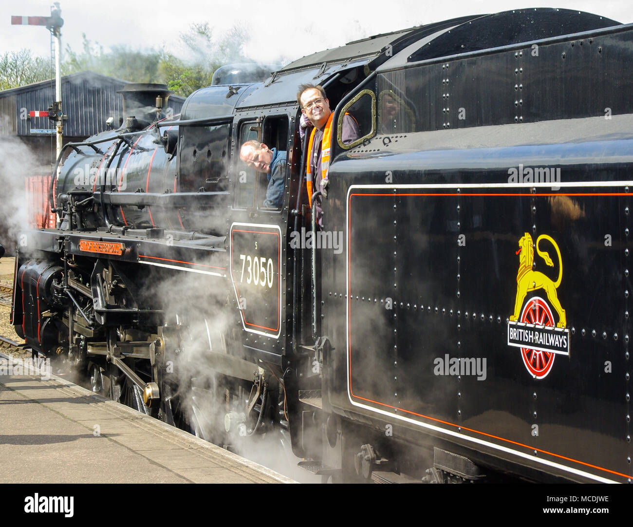 British Railways Standard Klasse 5 73050 erhalten Britischen Dampflokomotive. Im service Unbenannte Es hat den Namen der Stadt Peterborough. Nene Valley Stockfoto