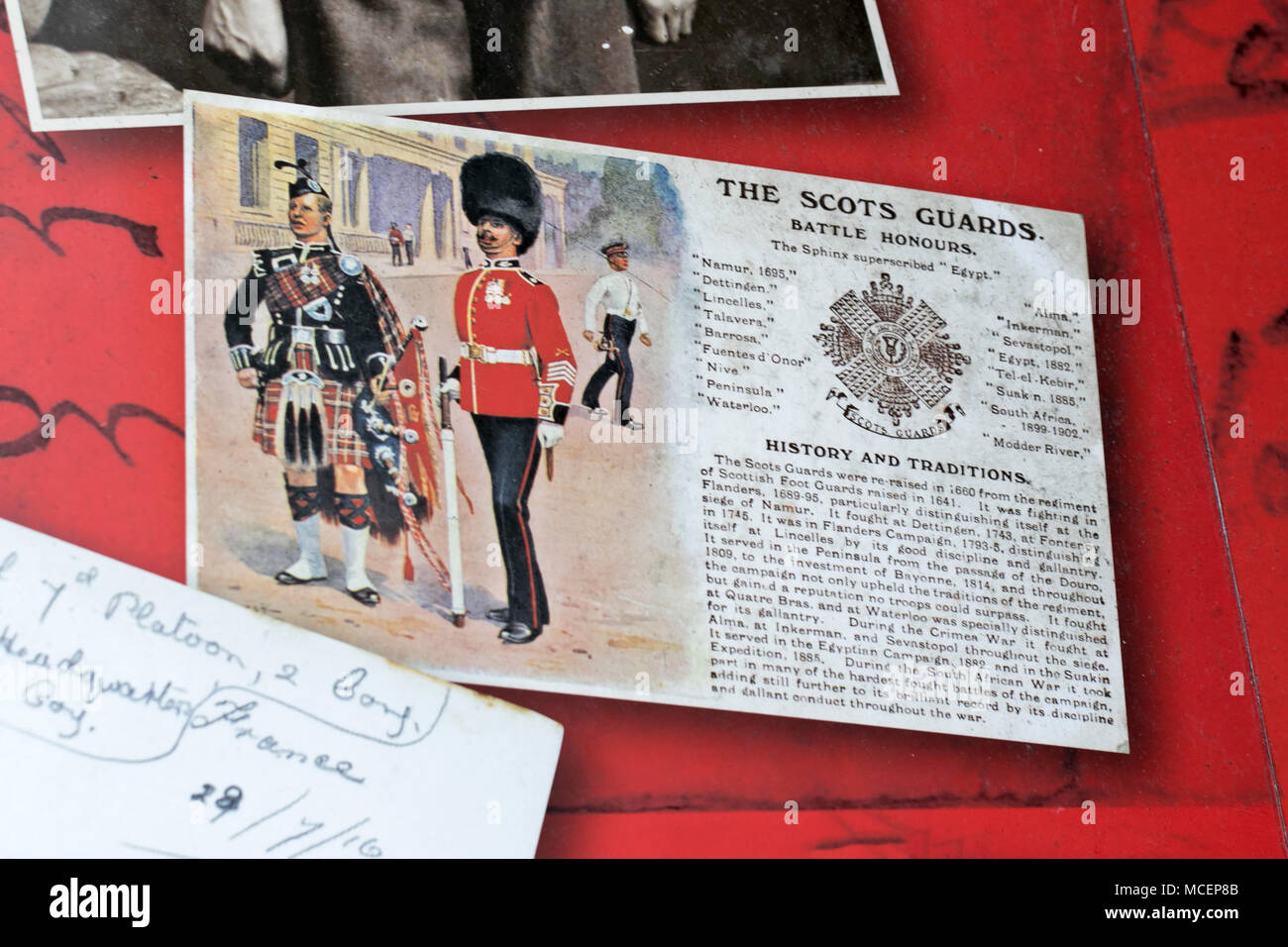 Die Scots Guards Krieg Schlacht schlachten Schottland bärenfellmütze Soldat tartan Scots Guards einheitliche Schottischen Fußschutz Stockfoto