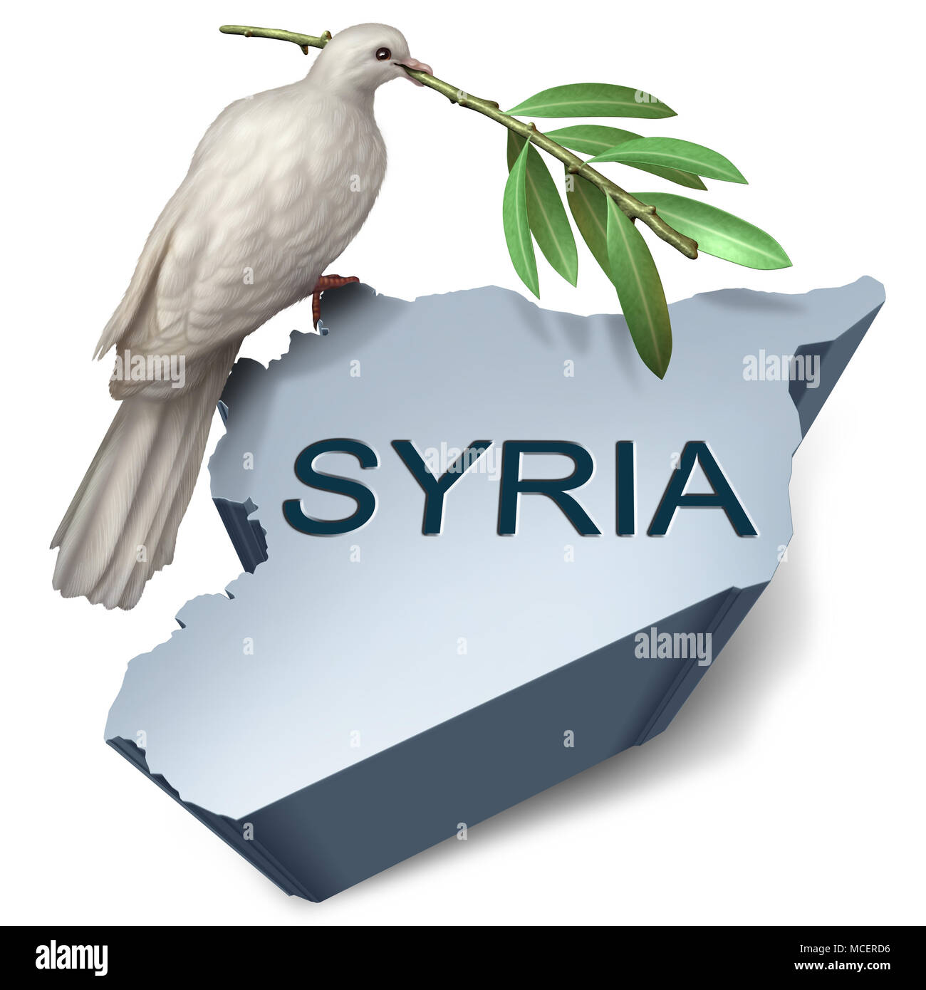 Syrien Krise und Hoffnung auf Frieden aus einem Konflikt im Nahen Osten als eine Taube mit Ölzweig mit 3D-Illustration Elemente. Stockfoto