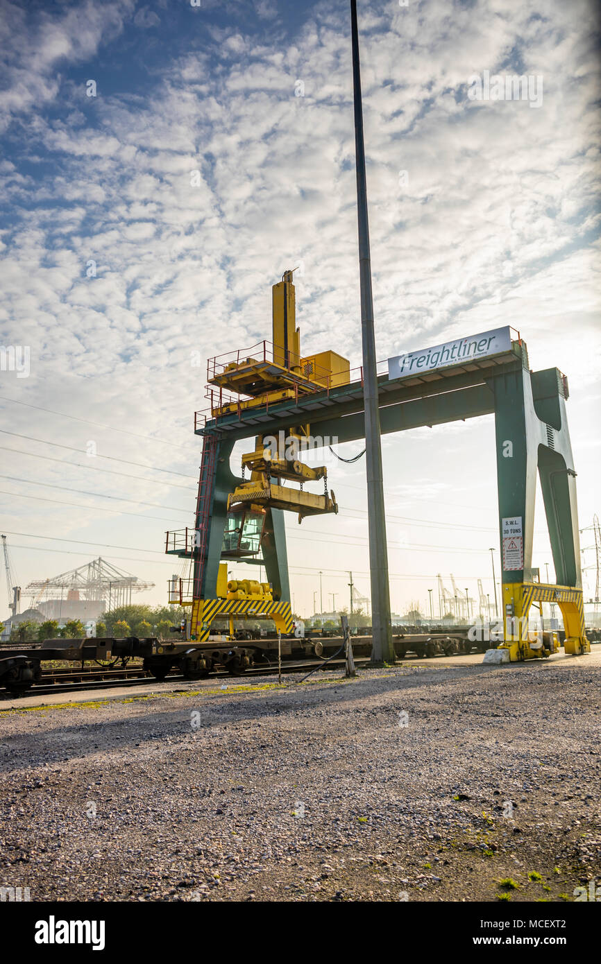 Profilschiene montiert Freightliner Kran mit leeren Container Kran im Hafen von Southampton, der Hafen von Southampton, England, Großbritannien Stockfoto