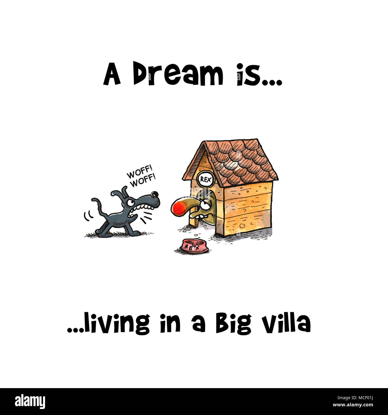 Hund bellt zu einem Mann, belegt es Hütte Stockfoto