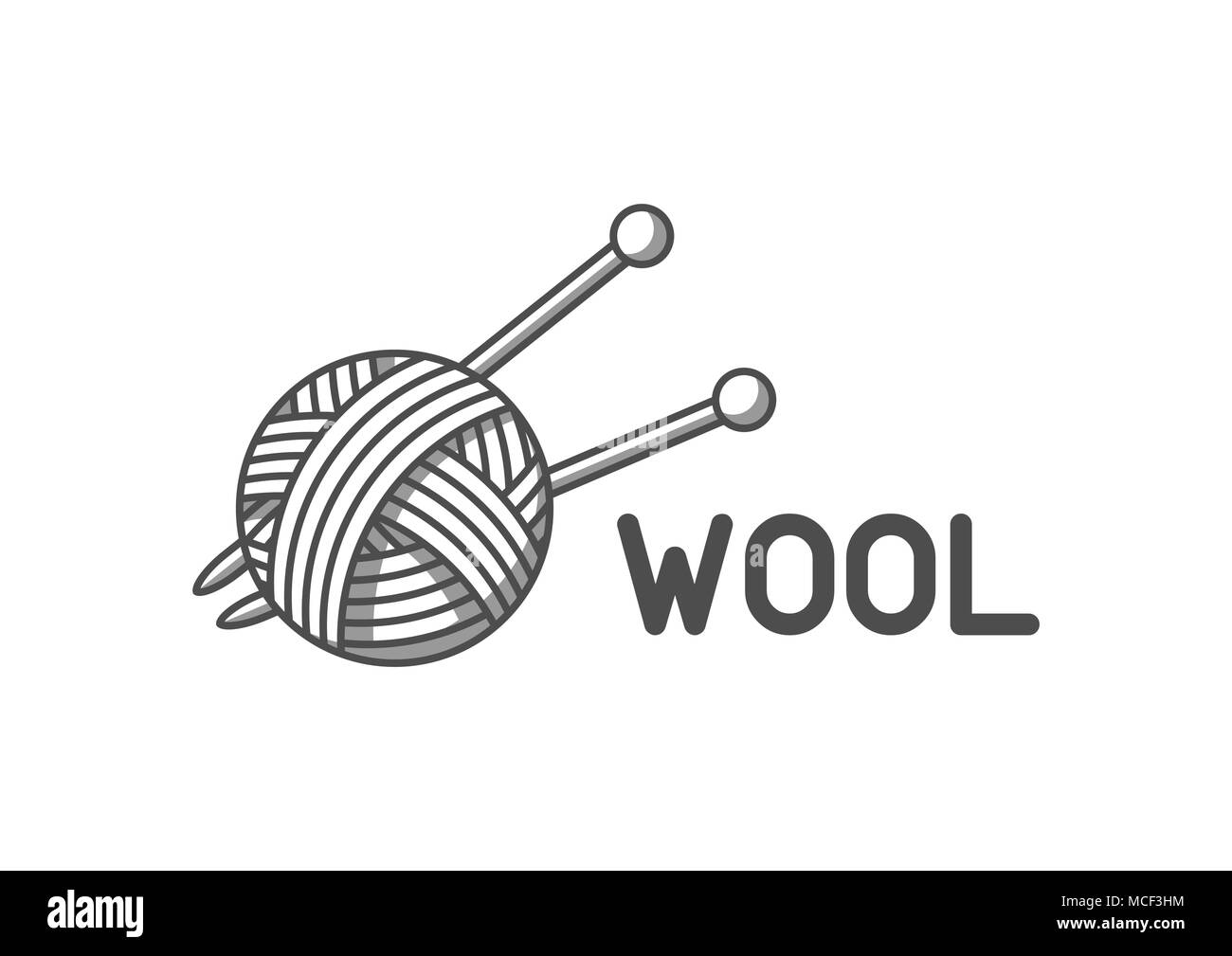 Wolle Emblem mit mit Kugel von Garn und Stricknadeln. Etikett für Handarbeit, stricken oder Tailor Shop Stock Vektor