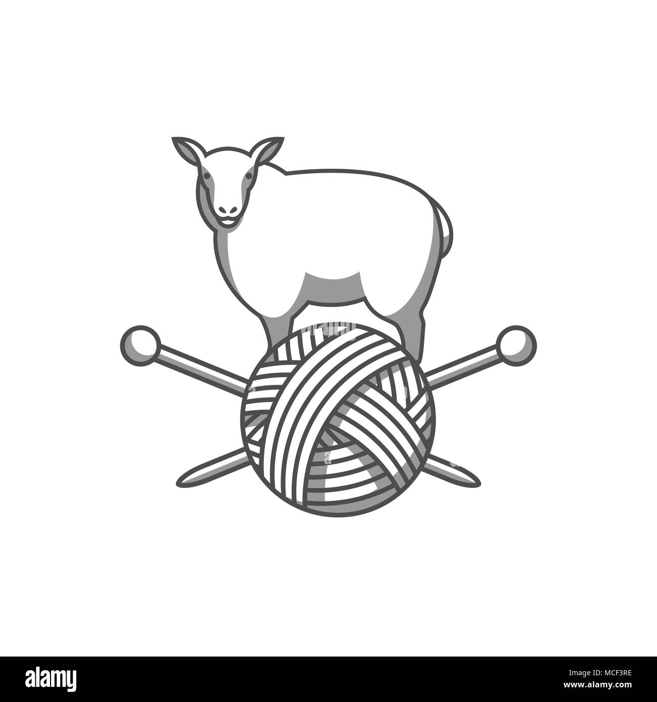 Wolle Emblem mit Schafen, Gewirr von Garn und Stricknadeln. Etikett für Handarbeit, stricken oder Tailor Shop Stock Vektor