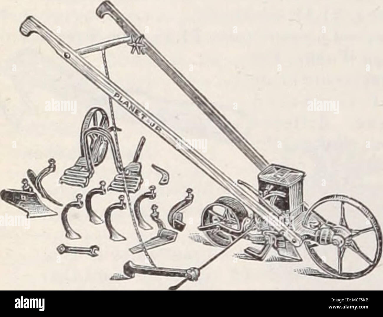 . Nr. 25 Planeten jr. Kombiniert Hill und Sämaschine Sämaschine und Double Wheel Hoe Nr. 25. Kombinierte Hecksämaschine und Grubber. Viele Benutzer nennen das "kom- plette Gärtner." sät die Samen wie unter Nr. 4 beschrieben. Als Doppelrad hoe es die Zeile spreizt, beide Seiten gleichzeitig Kultivierung bis Pflanzen werden 20 cm hoch. Es kann dann die Ausrüstung der als Single Wheel hoe zwischen den Zeilen verwendet werden, ein paar Garten Pflüge, Grubber 4 Zähne, 1 Paar 6-Zoll hacken und Blatt Heber ermöglicht es Ihnen, praktisch alle im Garten zu tun. Kapazität der Saatguttank, 2 Quart 21 $ 00 für einen Planeten senden Stockfoto